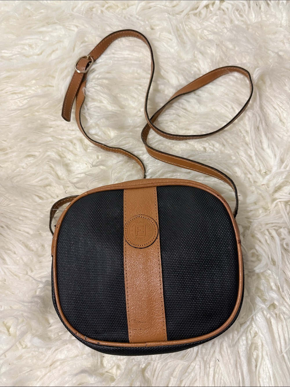 Vintage Fendi Black and Tan Leather Logo Crossbody small